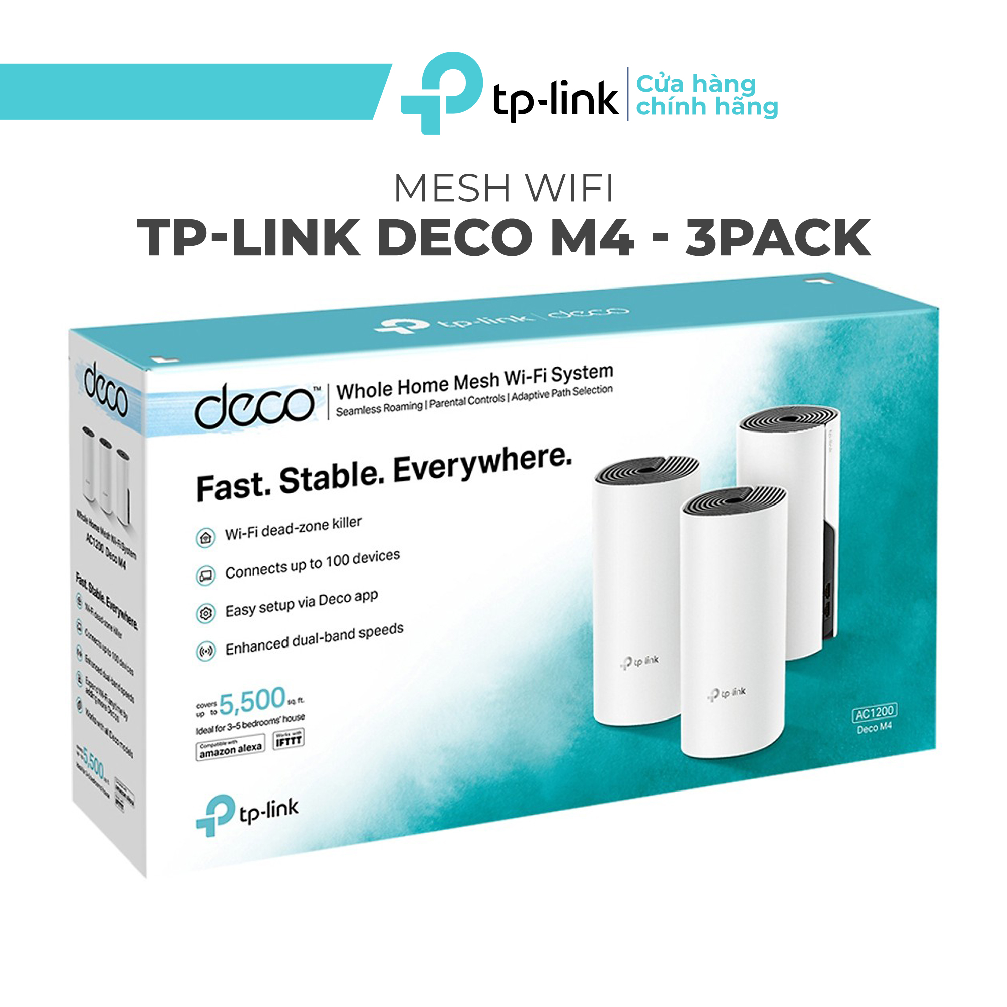 Hệ thống phát Wifi Mesh TP-Link Deco M4 (3-pack) AC1200 - Bộ phát wifi 1 tên mạng và phủ sóng toàn nhà, Wifi không điểm chết, Quản lý mạng bằng app - BH 2 năm 1 đổi 1