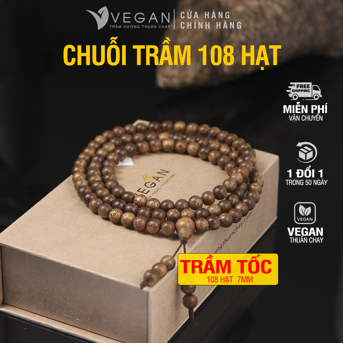 Vòng tay Trầm Hương Thuần Chay chuỗi tràng 108 hạt 7mm