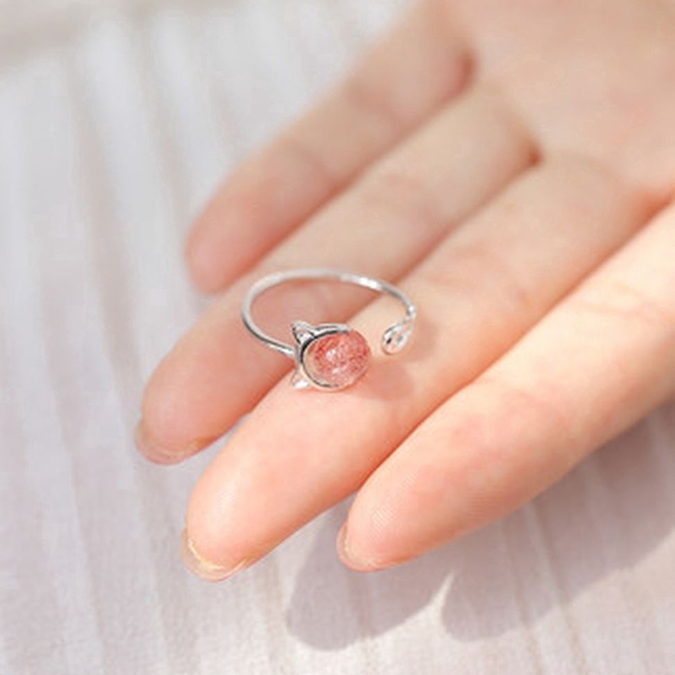 Nhẫn bạc ý mặt mèo đính đá hồng ngọc siêu đáng yêu