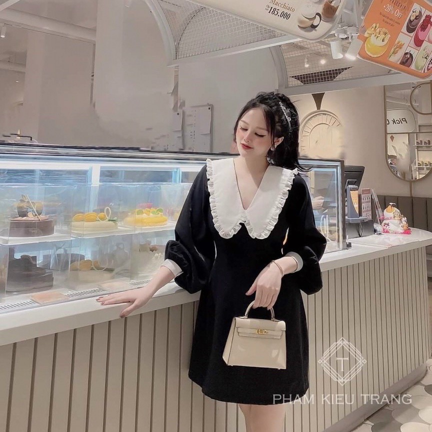 Đầm suông tay dài cổ bèo trắng đơn giản thanh lịch