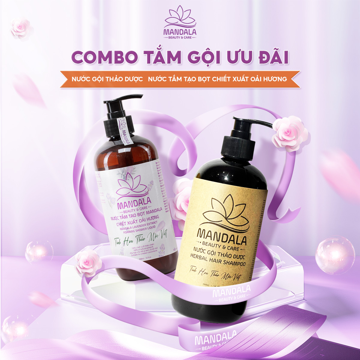 Nước gội thảo dược 500ml, nước tắm tạo bọt chiết xuất oải hương mandala 500ml