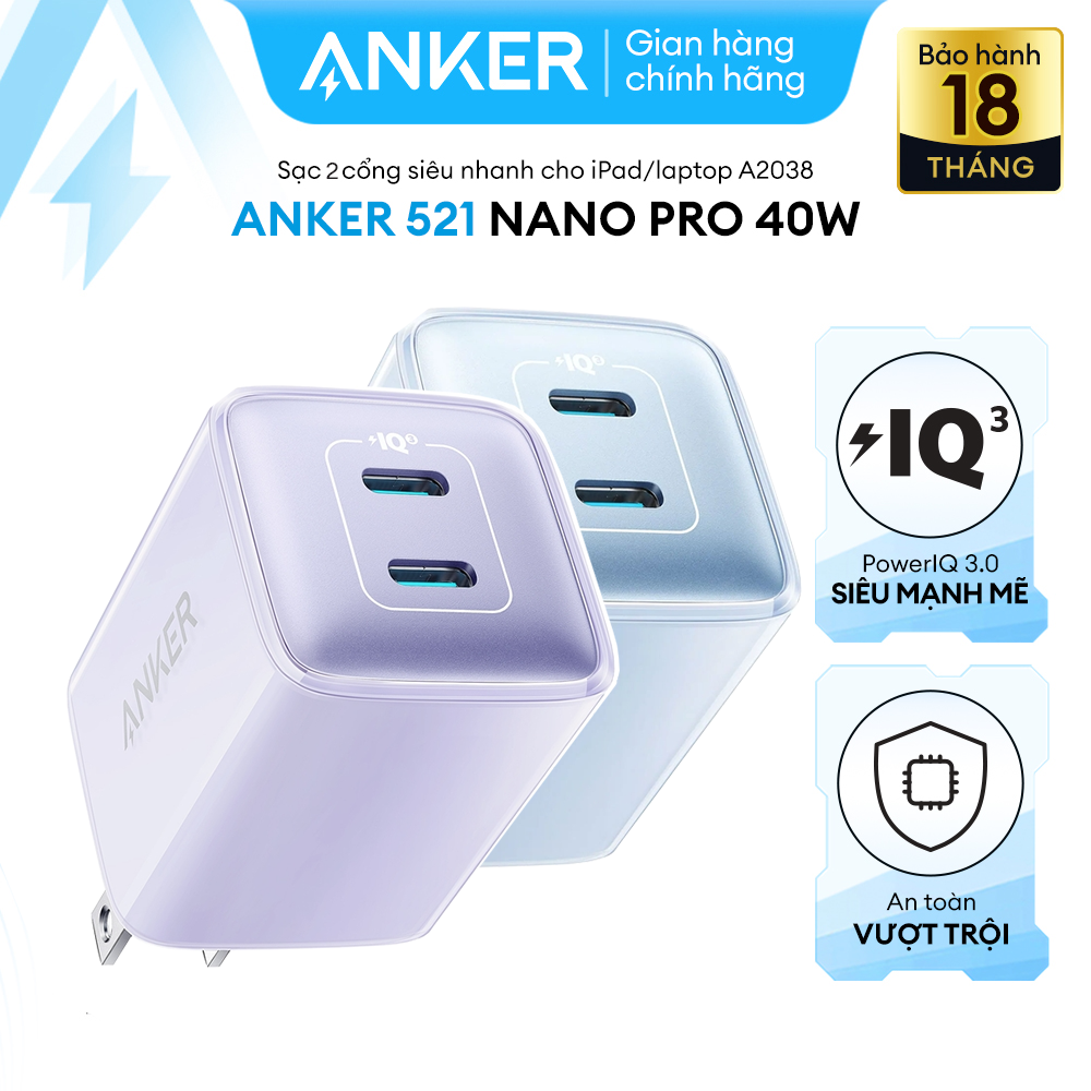 Sạc anker 521 nano pro 40w 2 cổng usb-c piq 3.0 tương thích pd - a2038