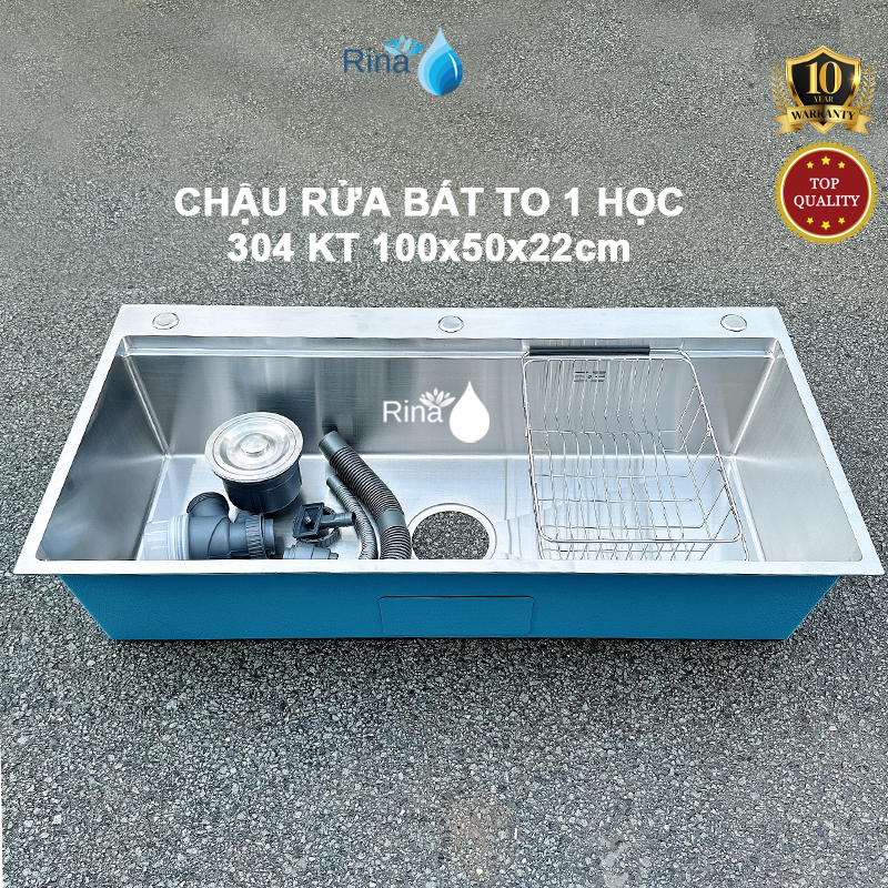 304-1 HỐ SIÊU TO 100x50cm Chậu rửa chén bát 1 hố (học) siêu to inox 304 Rina KT 100x50x22cm MH04