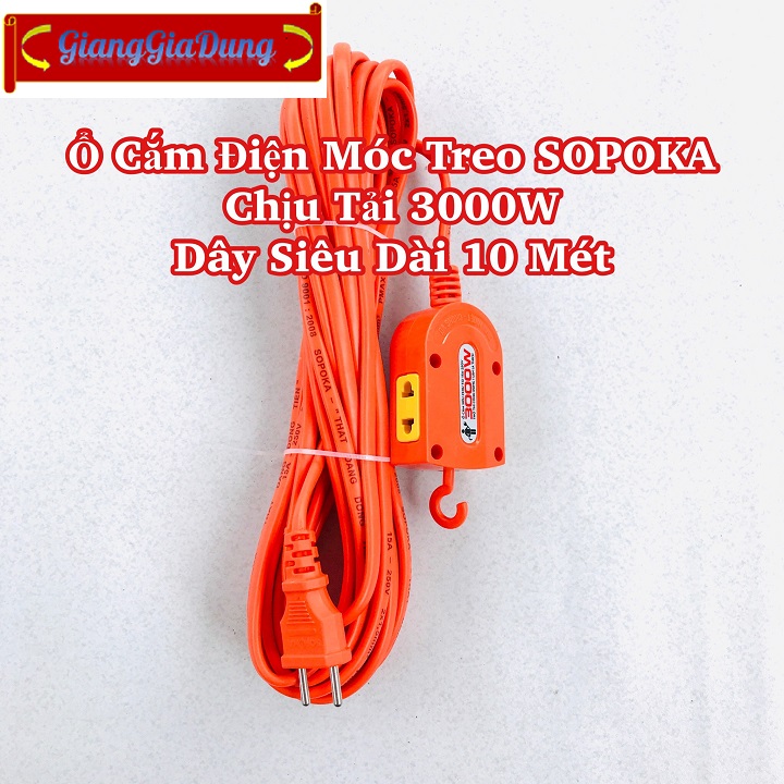 Ổ Cắm Điện - Đầu Nối Điện 2 Cổng Siêu Dài 10 Mét SOPOKA Siêu Chịu Tải S10-3000W Có Móc Treo Tiện Lợi