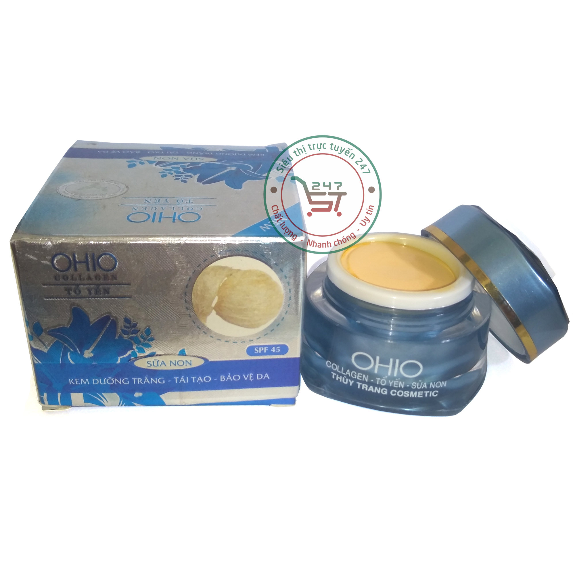 Kem dưỡng Trắng da mặt Bảo vệ Tái tạo da Ohio Collagen Sữa non Tổ Yến 18g (Xanh dương)