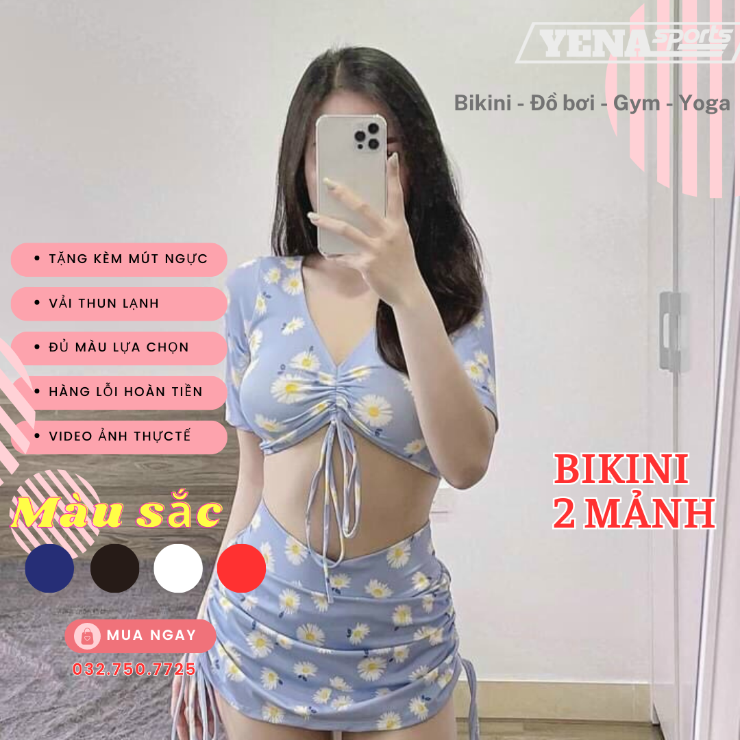 [FREESHIP + HOÀN TIỀN 50K] Đồ bơi nữ bikini 2 mảnh váy xòe dây rút có quần lót trong kín đáo tay ngắn áo croptop tôn dáng đi biển QP015