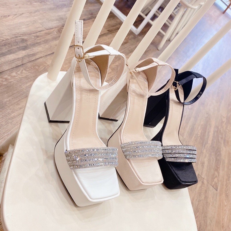 Giầy sandal cao gót nữ quai ngang đính đá gót cao 14cm siêu sang chảnh