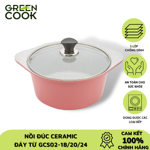 [HCM]Nồi đúc ceramic vân đá chống dính đáy từ 20cm Green Cook GCS02-20IH