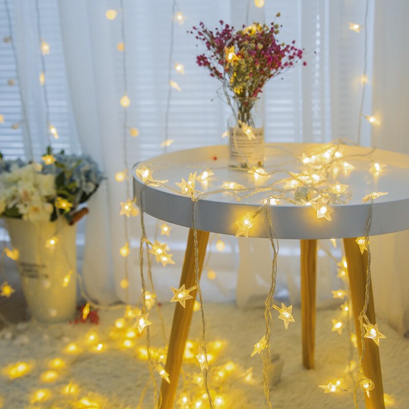Đèn led dây trang trí nhà cửa hình ngôi sao ánh sáng vàng nắng không chớp nháy (dùng pin)