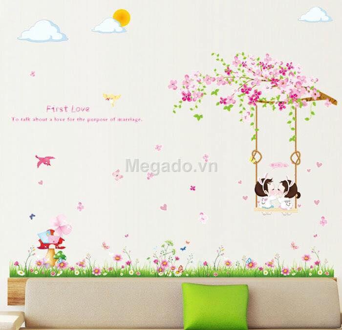 Decal dán chân tường mẫu hoa kèm cây