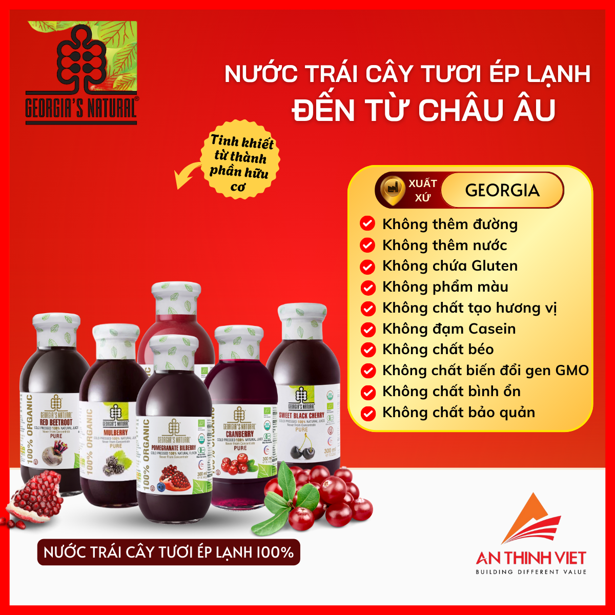 Chai Thủy Tinh 300ml - Nước Ép Lạnh Nguyên Chất Không Đường Không Chất Bảo Quản - GEORGIA'S NATURAL - Nhập Khẩu Georgia