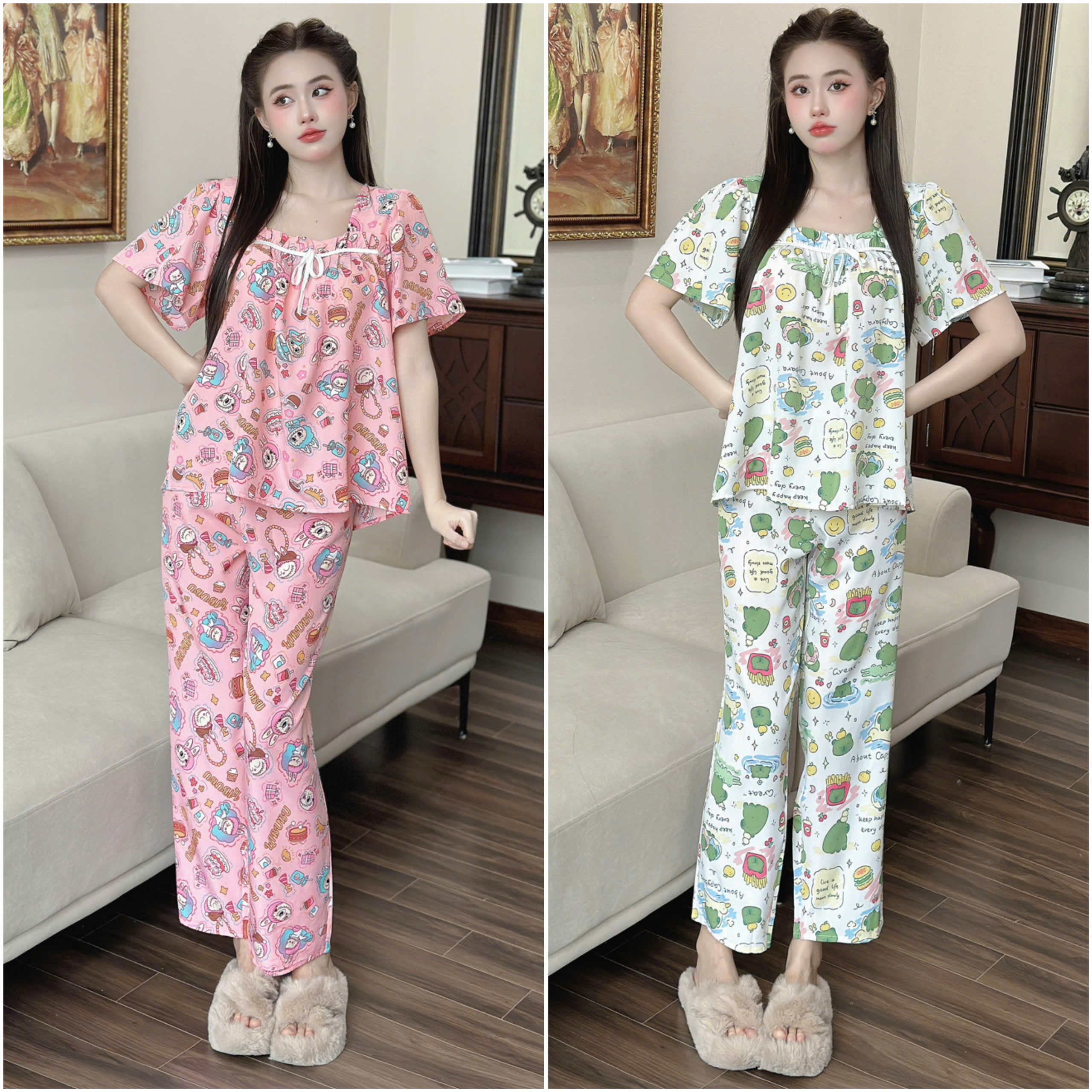 Đồ bộ pijama bigsize xinh 50- 100kg bộ ngủ tiểu thư cổ vuông tôn dáng che khuyết diểm chất lụa hàn mềm mát họa tiết dễ thương