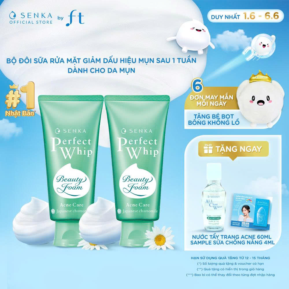 Bộ đôi sữa rửa mặt tạo bọt cho da mụn chứa Salycilic Acid ngăn ngừa mụn SENKA PERFECT WHIP ACNE CARE 100Gx2