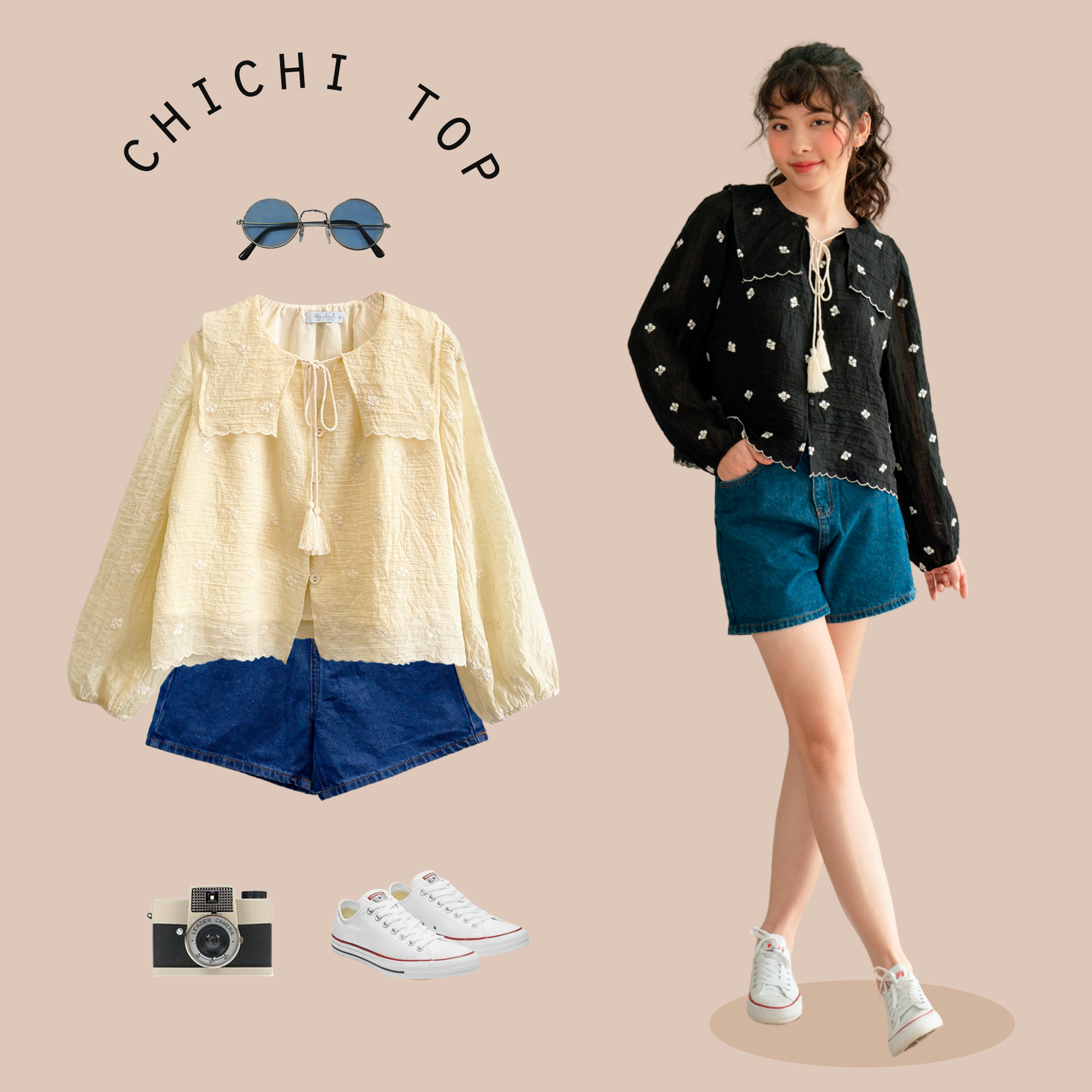 Bleubird áo tơ thêu hoa buộc dây chichi top