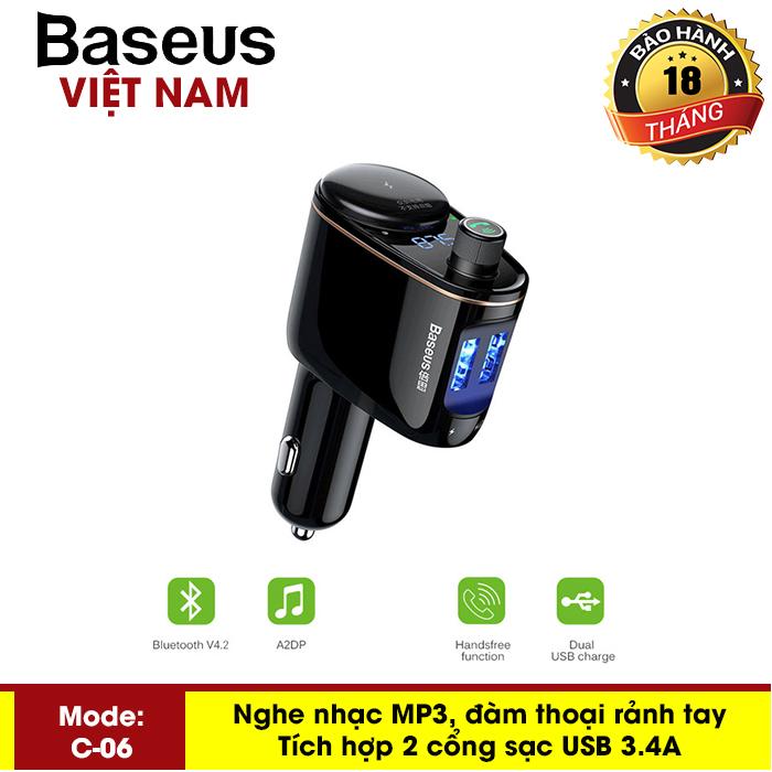 Tẩu sạc trên oto Baseus ( S-06) tích hợp khe USB Flash nghe nhạc , đàm thoại rảnh tay, FM công nghệ Bluetooth 4.2 - Phân phối bởi Baseus Vietnam