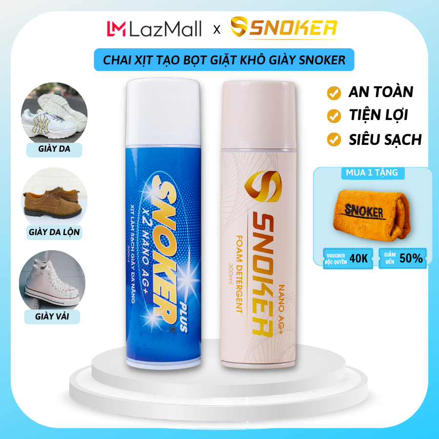 Chai xịt bọt vệ sinh giày SNOKER Chính Hãng, Bình xịt giặt giày dép khô nhanh, Tặng kèm khăn lau, sử dụng cho giày da, da lộn, giày vải,...