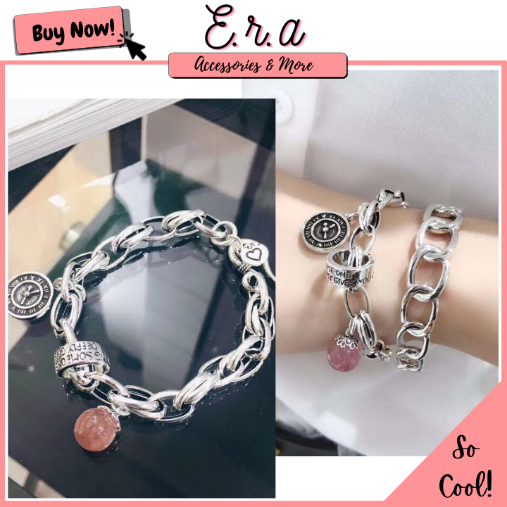 Lắc tay/ vòng tay nam/ nữ hợp kim cao cấp erashop 077606 - dây xích đồng hồ & đá hồng cá tính, cool ngầu