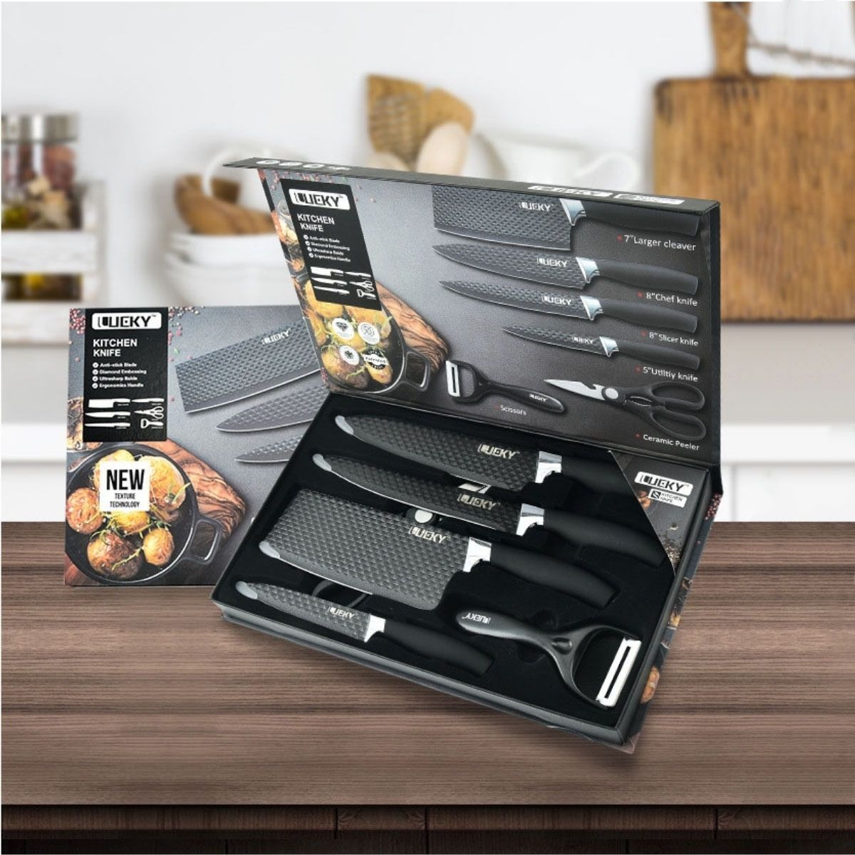 Bộ Dao Kéo Nhà Bếp Lucky 6 Món Bằng Inox Hoa Văn Kim Cương Phủ Chống Dính Siêu Bền Hàng Cao Cấp Chiko Kids