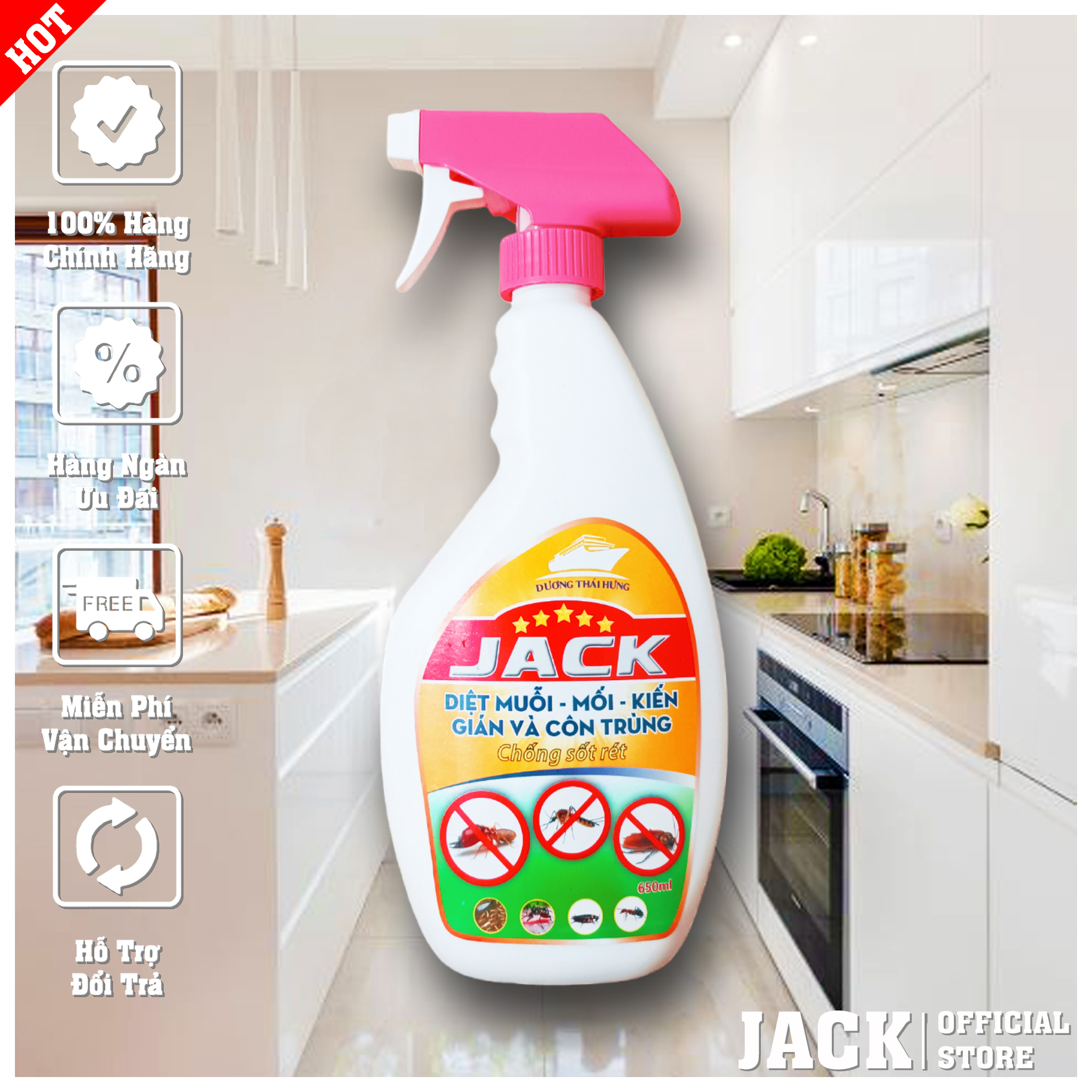 Diệt Côn Trùng, Diệt Gián, Diệt Kiến, Diệt Sâu Bọ Siêu Mạnh Hiệu Quả Nhanh Chóng Jack 650ml