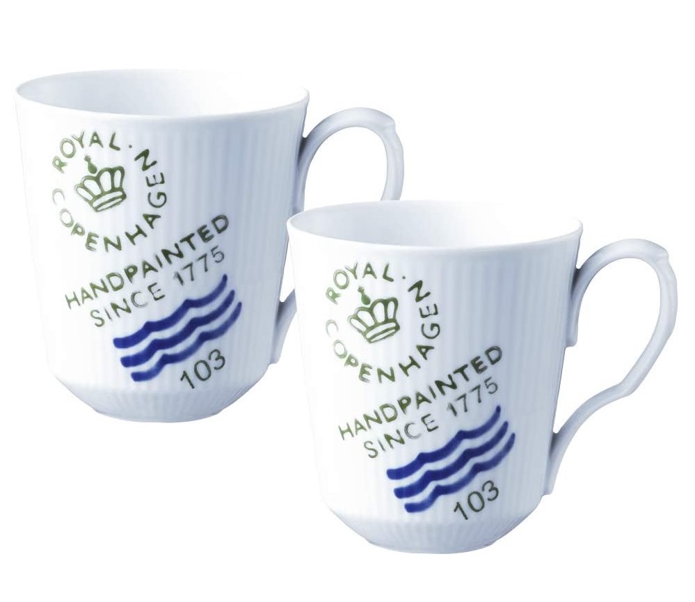 Bộ 2 cốc có quai Royal Copenhagen, họa tiết Fluted Signature, chất liệu sứ