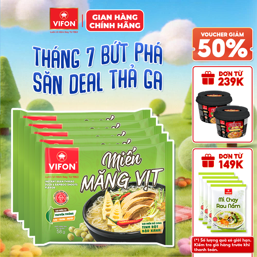 [Voucher 28% đơn từ 400k] Set 5 Gói Miến Măng Vịt/ Sườn Heo/ Lẩu Thái VIFON 58g