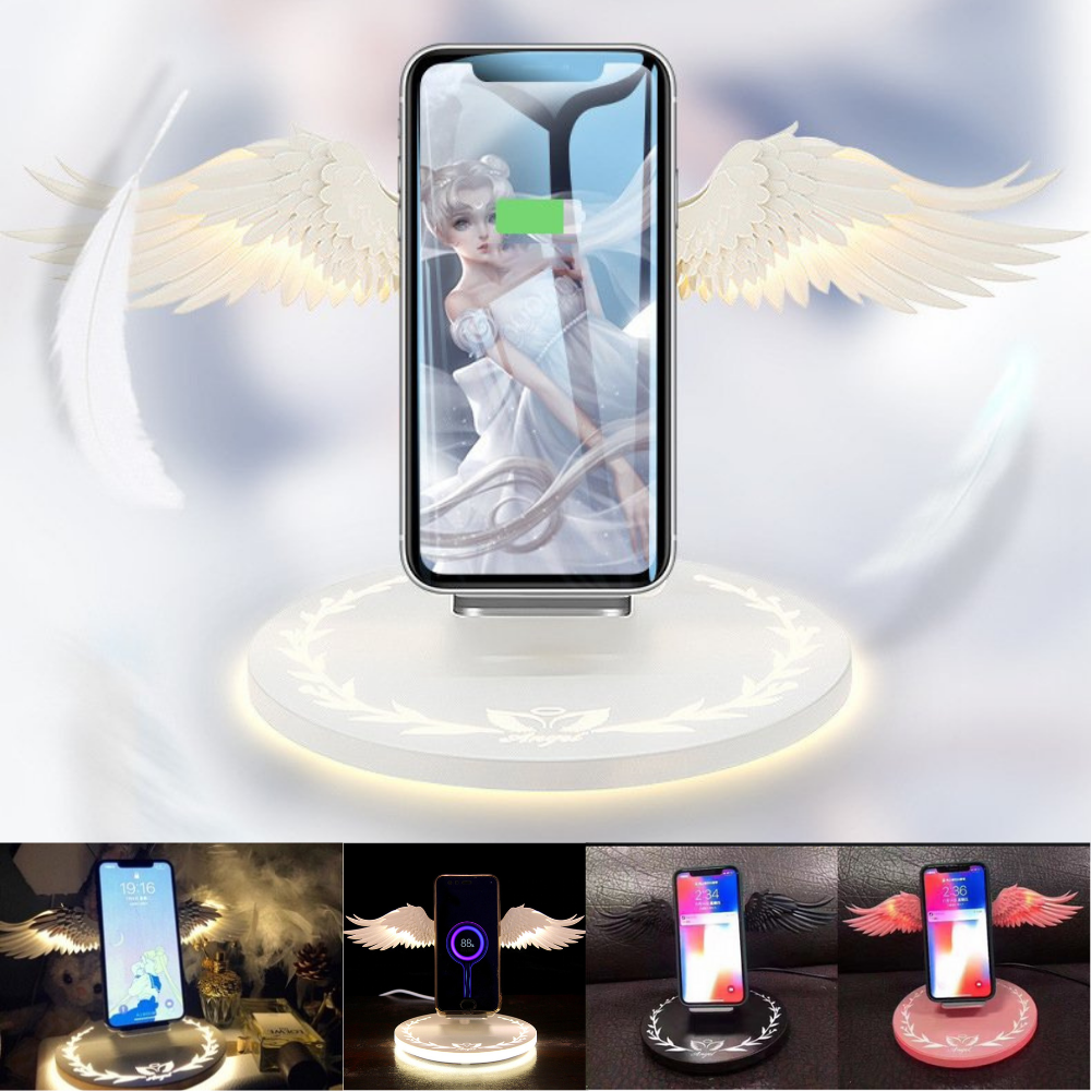 Đế Sạc Không Dây - Đế Sạc Không Dây Cánh Thiên Thần || Nhiều Chế Độ Đèn LED Tự Đổi Màu - Tích hợp cho tất cả các dòng điện thoại thông minh hỗ trợ sạc không dây