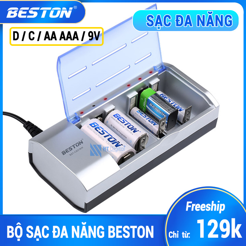 Sạc Pin Đa Năng AA/ AAA/ 9V/ C/ D BESTON C821BW cho Micro Karaoke, Pin Đại D, Pin 9V, Đồ Chơi Điện T