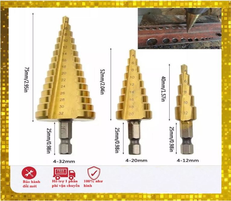 Mũi khoan đa năng từ 4-32mm- Mũi khoan sắt,khoan thép,khoan nhựa.....,mũi khoan bước tháp titanium 4-32mm,khoan sắt,tôn