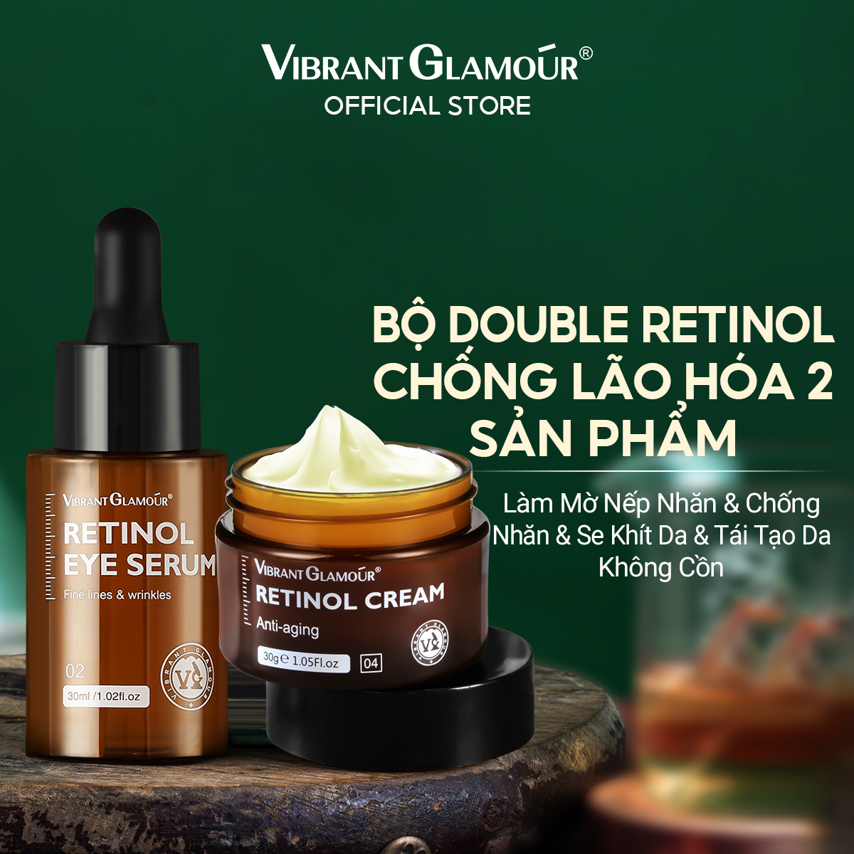 Retinol Tinh Chất Mắt + Kem Dưỡng VIBRANT  GLAMOUR 2PCS Phục Hồi Gấp Đôi Với Retinol & Dưỡng Ẩm Sâu & Làm Sáng Da & Tăng Độ Đàn Hồi & Combo Tiện Lợi & Chăm Sóc Sáng Tối Hiệu Quả 30g+20g