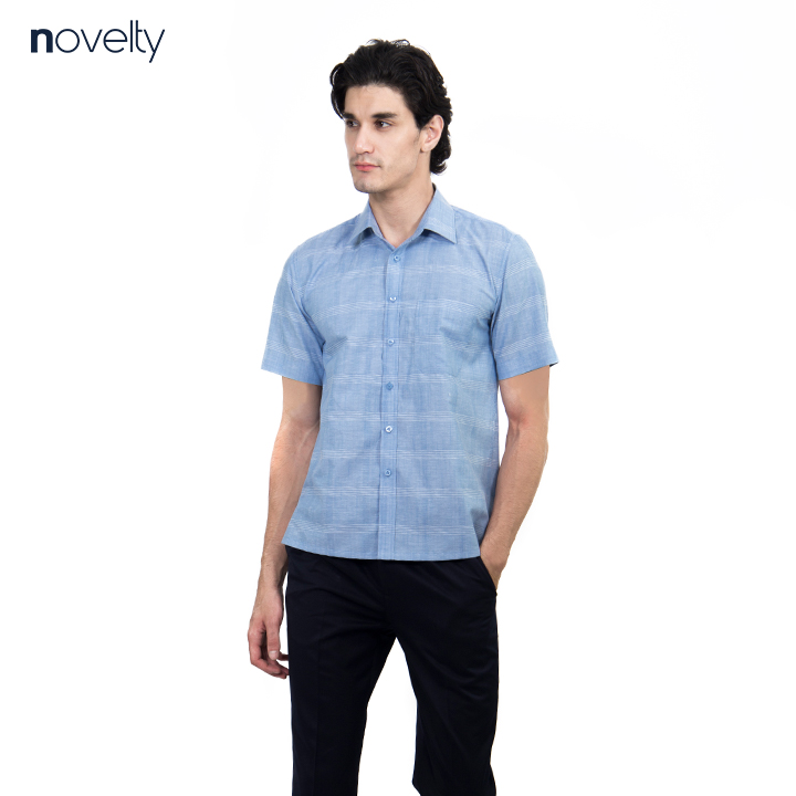 Áo sơ mi nam ngắn tay Novelty xanh denim sọc ngang NSMMSLMT3B200100N