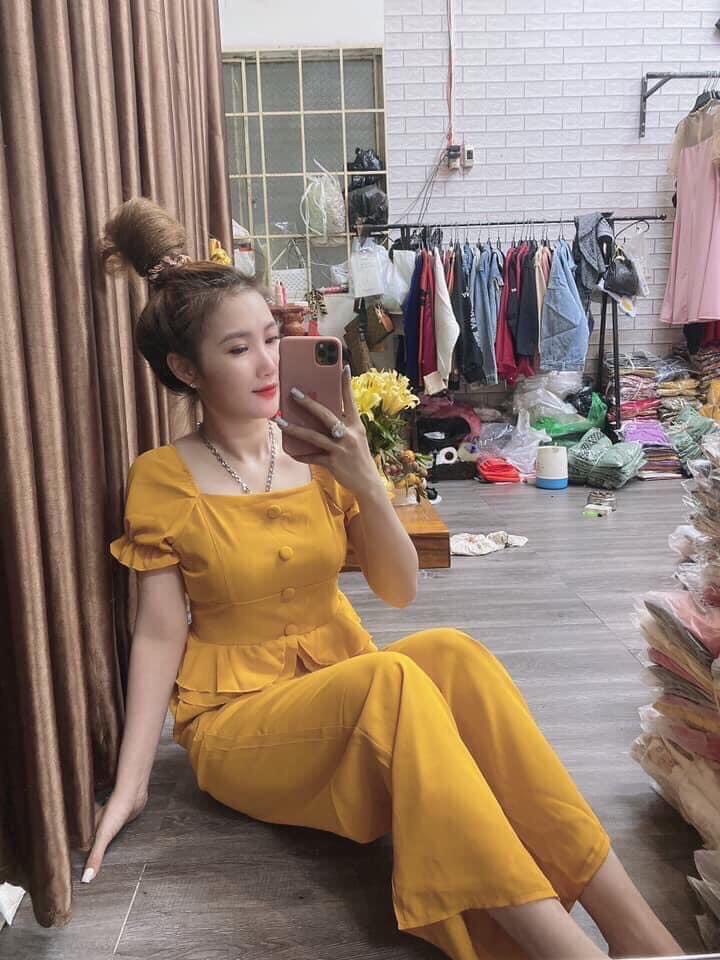 [HCM]Set bộ nữ quần dài ống rộng áo cổ vuông tay búp nút bọc #setbonuquandaiongrongaocovuongtaybup