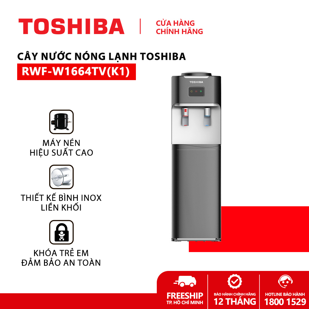 [TRẢ GÓP 0%] Cây nước nóng lạnh Toshiba RWF-W1664TV(K1)- Thiết kế bình inox liền khối, đảm bảo không rò rỉ nước, Khóa trẻ em, Ngăn chứa ly rộng 20L- Hàng chính hãng, bảo hành 12 tháng, chất lượng Nhật Bản