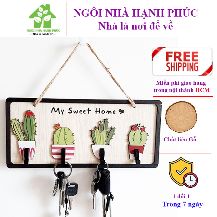 Bảng gỗ treo cửa có móc treo chìa khóa🚀xương rồng🚀