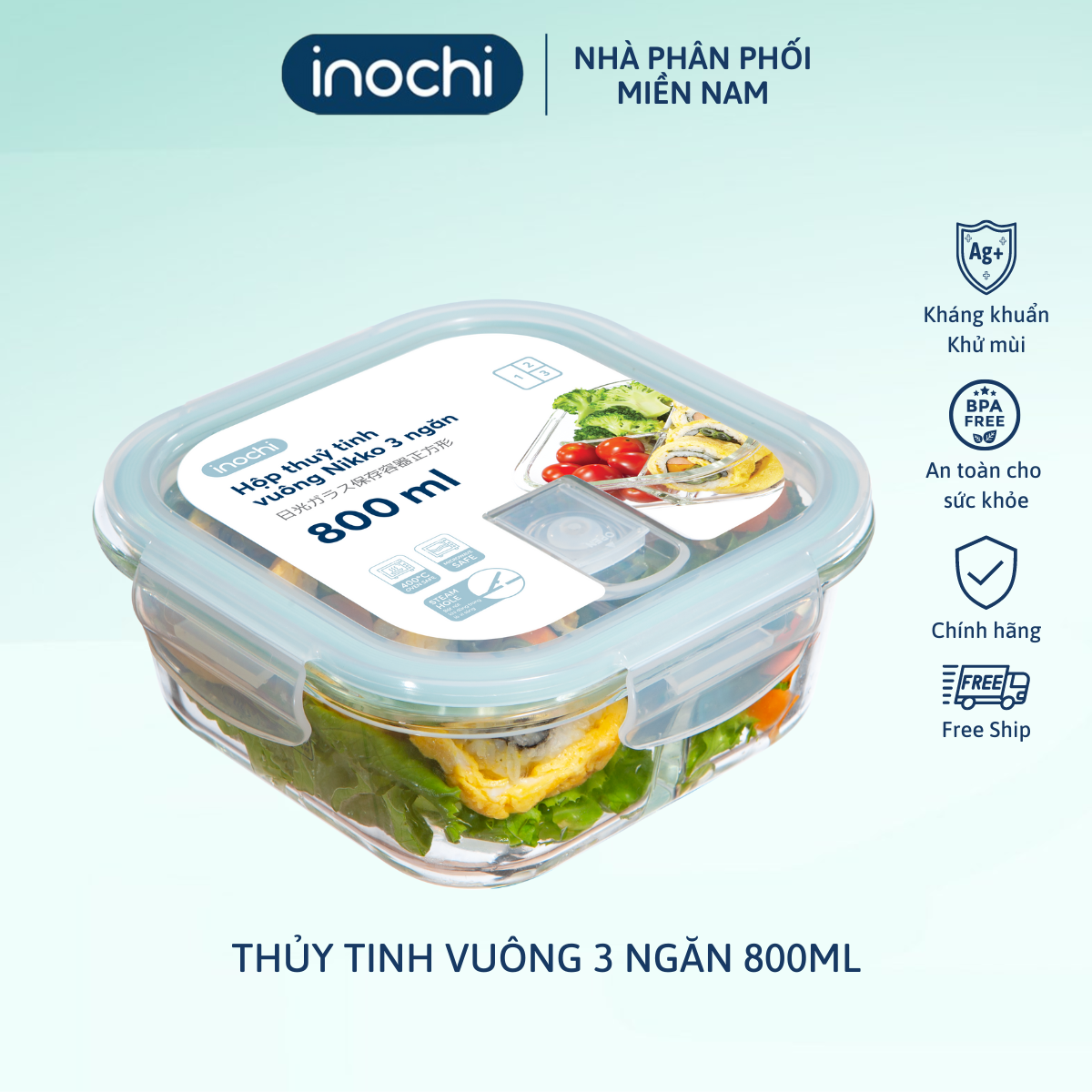 Hộp thủy tinh vuông Nikko 800 ml (3 ngăn)