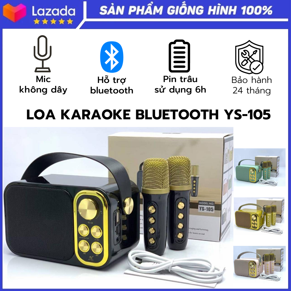 Loa bluetooth Karaoke Mini YS105 tặng kèm 2 mic không dây, Công suất 10W, Chức năng đổi giọng đặc biệt, Loa bass cực mạnh,  Loa chính hãng, Loa cầm tay, Bảo hành 24 tháng