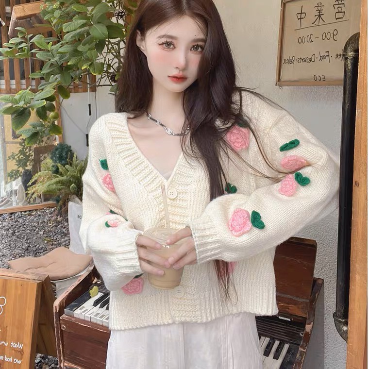 Áo Len Cardigan Croptop Nữ Gắn Hoa Hồng Xinh Xắn