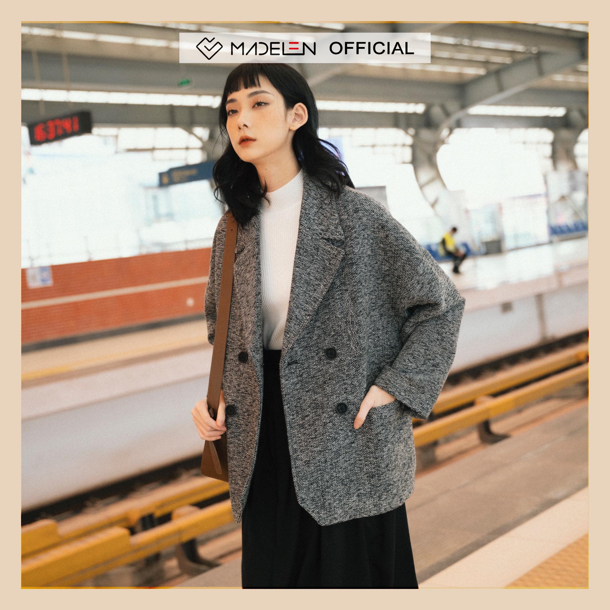 Áo coat dạ xám phẩy madelen