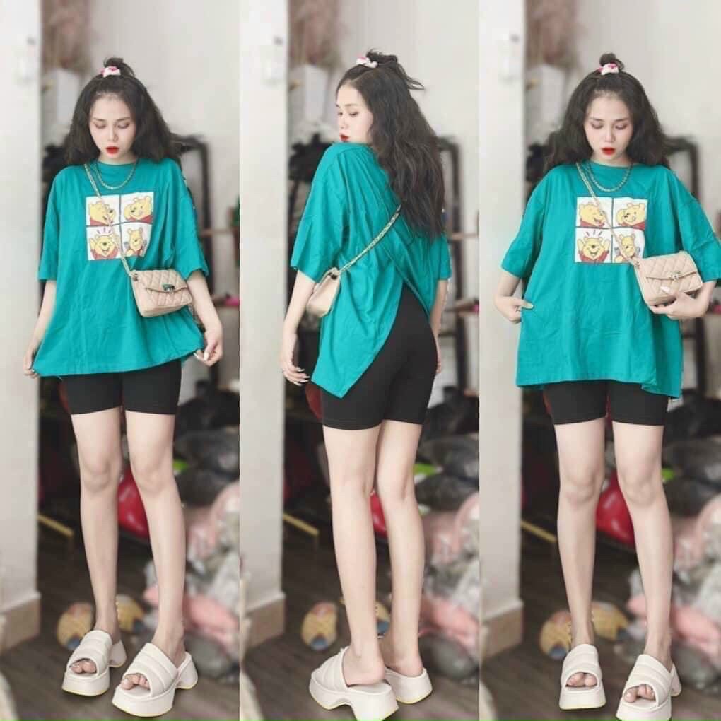 Set bộ nữ mặc nhà đi chơi bốm màu như hình siêu xinh, Set đồ bộ quần lửng ngố mix áo phông cotton form rộng hình in gấu xinh xắn, Set bộ ngố hoạt hình xẻ tà lưng