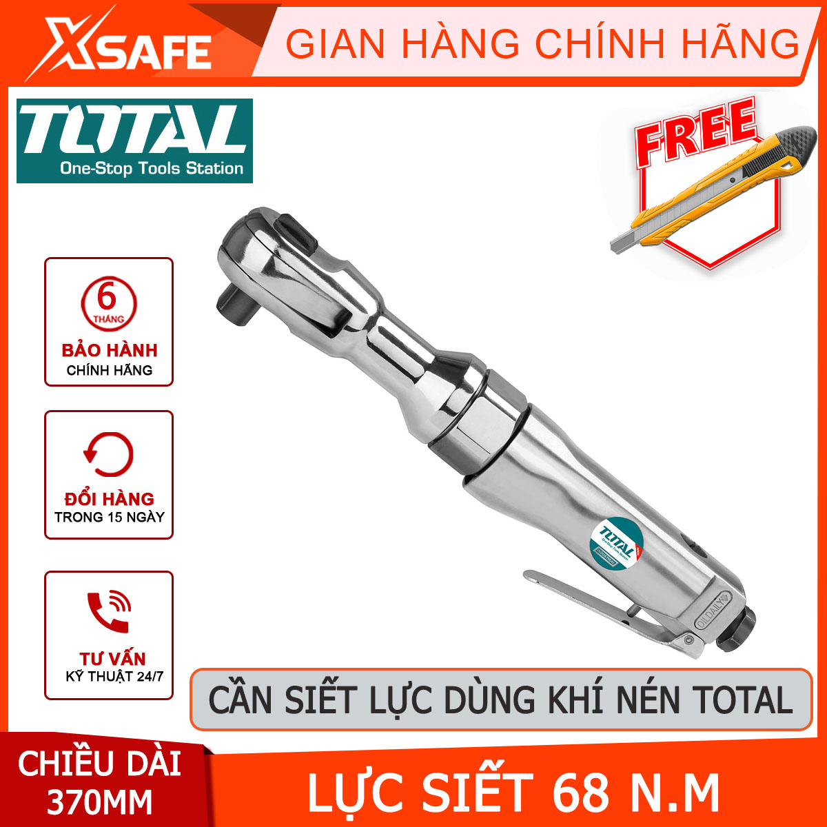 Cần siết lực 2 chiều dùng khí nén Total TAT10121 Cần siết lực cầm tay Độ chính xác ± 4% Kích thước đầu khẩu 1/2" = 13mm Lực siết 68 N.m Đồ dùng cơ khí cầm tay, xiết bu lông đai ốc, các mối ghép,cờ lê cân lực