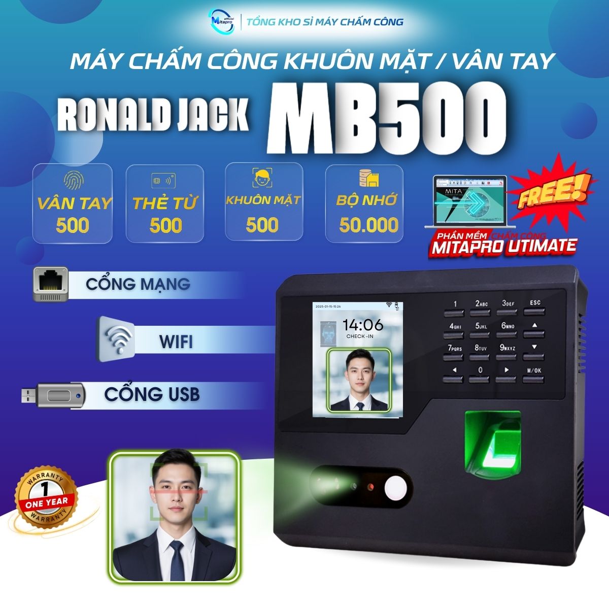 Máy chấm công khuôn mặt  Ronald jack MB500 (Kết nối wifi tốc độ cao) /Chấm công khuôn mặt/ vân tay/thẻ từ. Tặng kèm phần mềm chấm công  Mitapro 2025, hỗ trợ hướng dẫn sử dụng