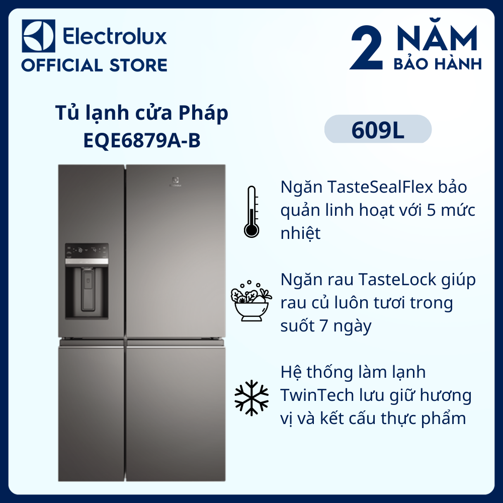 [Giao lắp 0Đ] Tủ lạnh Electrolux Inverter Cửa Pháp 609 Lít - EQE6879A-B - 2 dàn lạnh độc lập, chức n