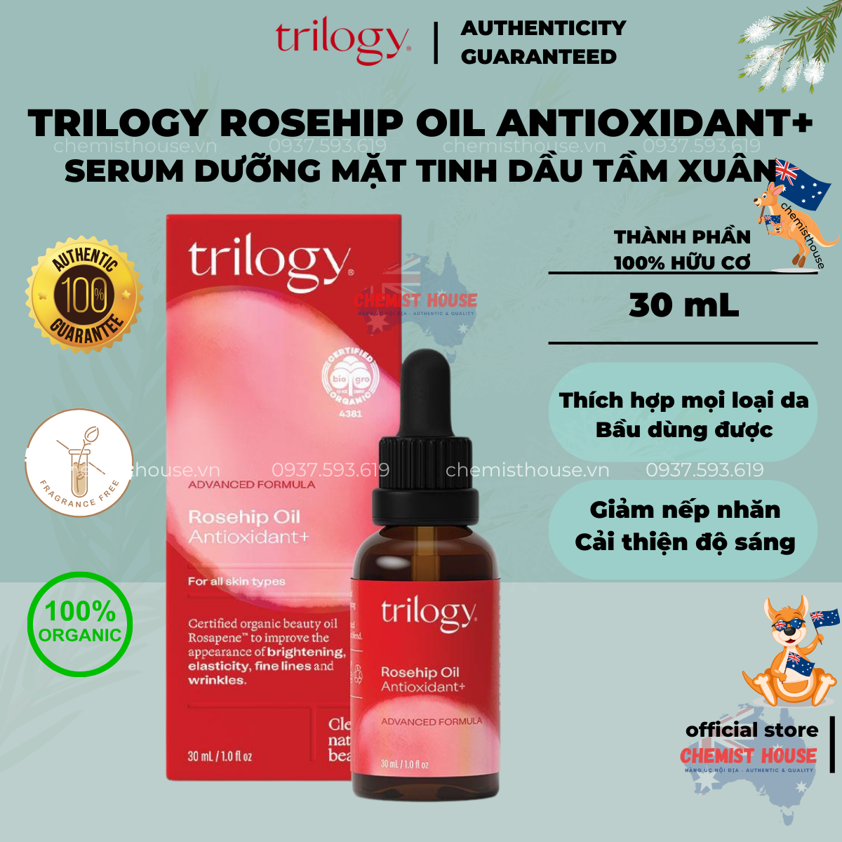 [Hàng Chuẩn ÚC] Trilogy Rosehip Oil Antioxidant - Tinh Dầu Nụ Tầm Xuân Chống Lão Hoá Da Hữu Cơ Organic Bầu Bú Dùng Được