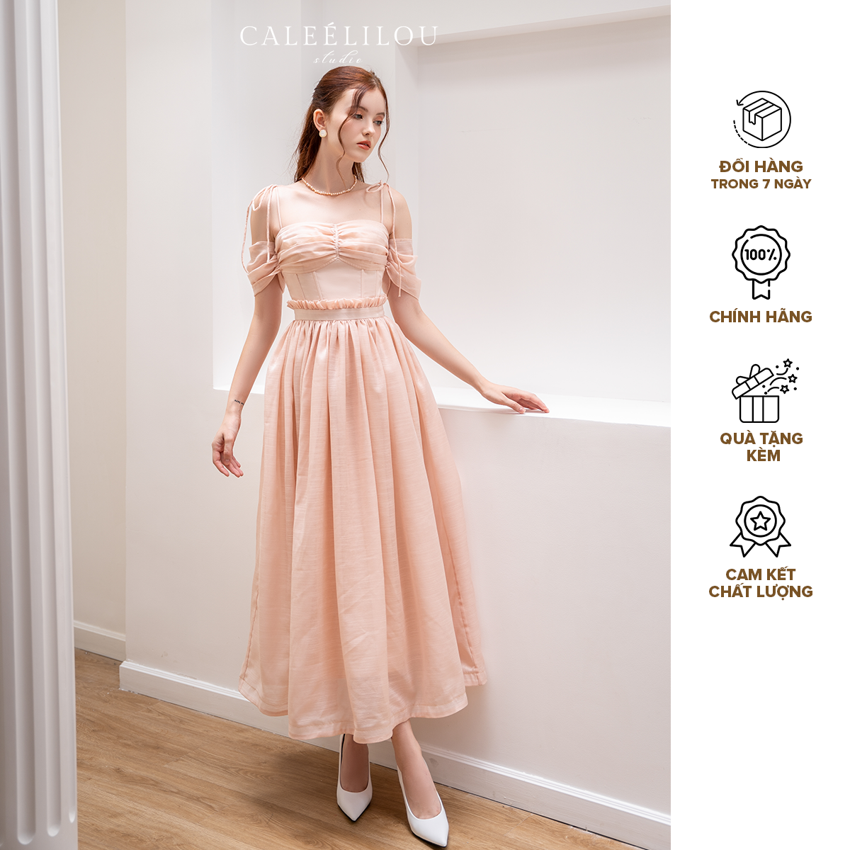 Caleelilou - Đầm midi tơ cam Alicia kèm dây buộc tóc