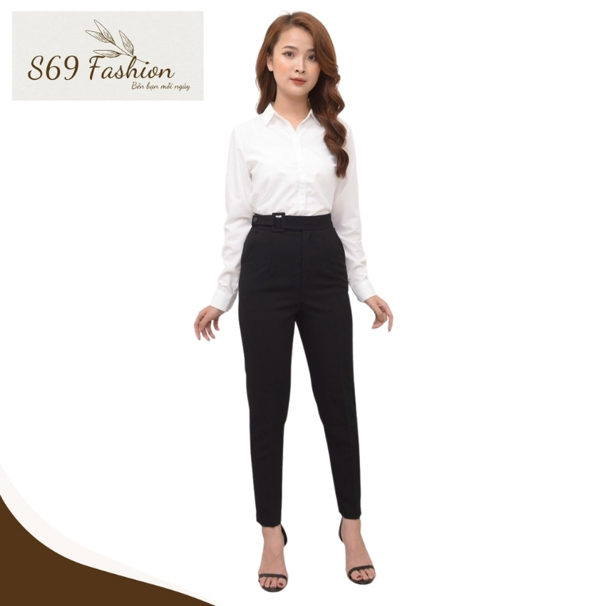 Quần baggy nữ S69 Fashion cạp cao, form dáng đẹp từng đường kim mũi chỉ, quần vải công sở nữ đai vải vuông, cúc lệch