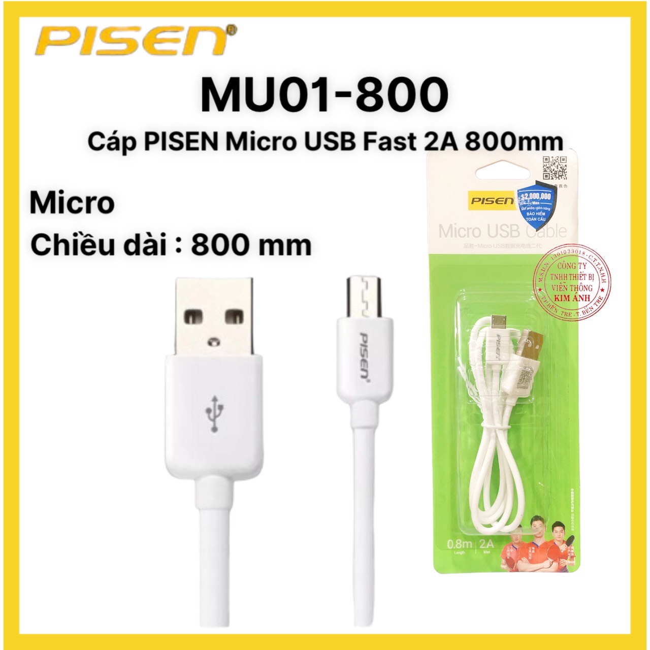Cáp Pisen Micro USB 2A 800mm MU01-800- Hàng chính hãng