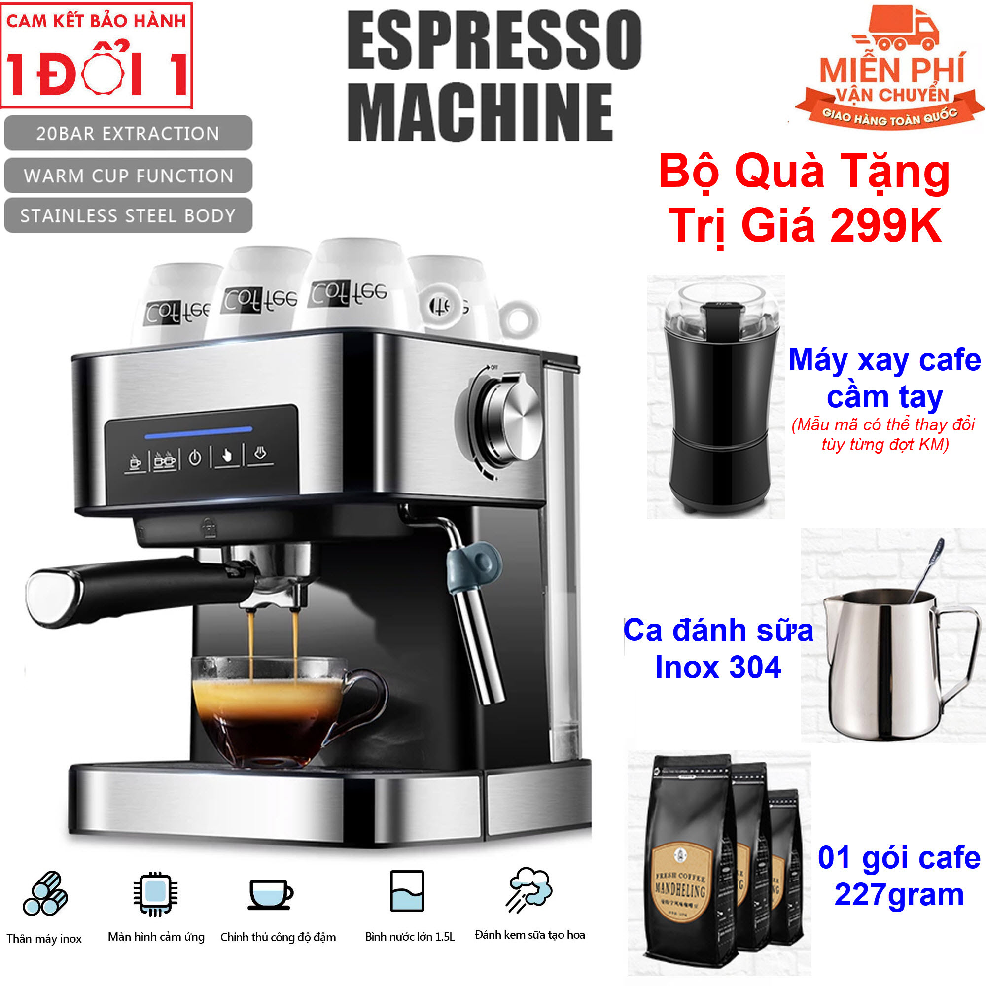 Quà Tặng Trị Giá 299K - Máy pha cà phê có ống làm nóng đánh sữa, màn hình cảm ứng thông minh, áp lực cao làm cà phê nồng đậm máy pha chế cà phê inox không gỉ - Máy pha Cà phê Esspresso Bán tự động CM6863 Dùng Cho Gia Đình, Văn Phòng