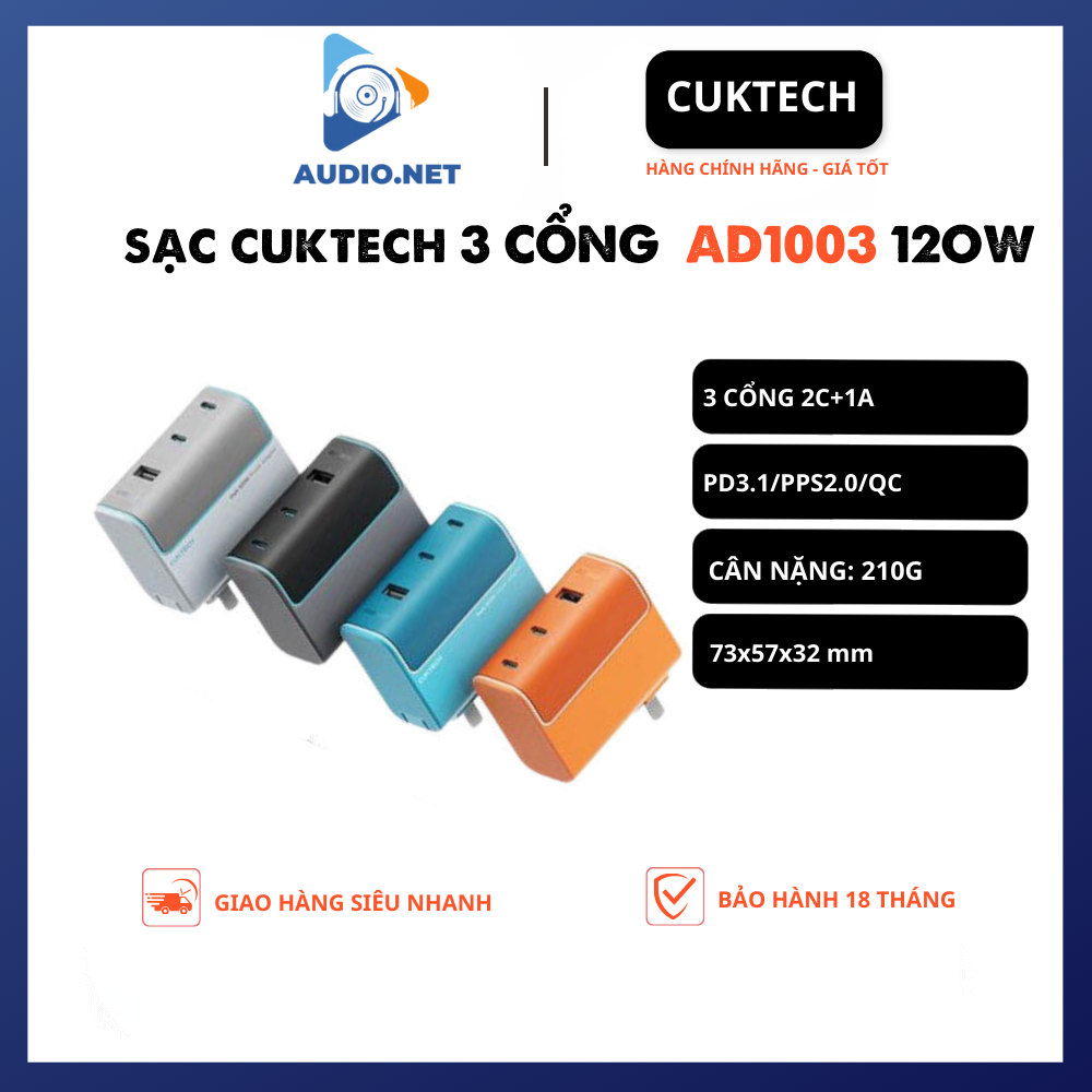 Sạc Cuktech 120W (AD1003) 3 Cổng Mi turbro PD3.1/PPS2.0/QC - Bảo Hành 18 Tháng