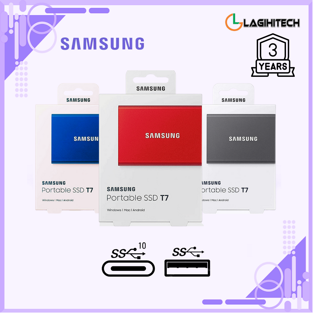 Ổ cứng di động portable ssd samsung t7 portable non touch 500gb / 1tb / 2tb usb type c 3.2 gen 2 bảo hành 3 năm - chính hãng samsung