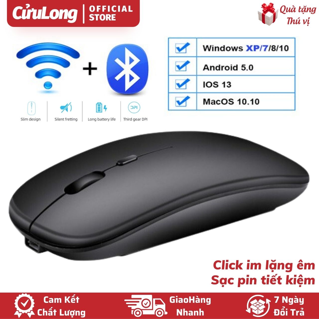 Chuột Không Dây Bluetooth 5.0 wireless 2.4G sạc pin im lặng mute click kết nối máy tính điện thoại Android iP ios chuột ko dây văn phòng