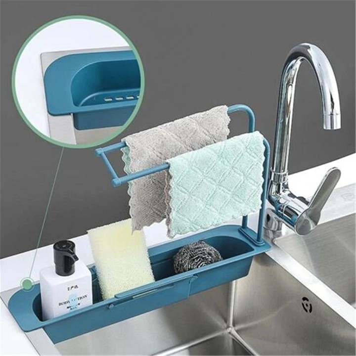 Giỏ co giãn đựng giẻ rửa bát có thanh phơi khăn, khay co giãn đựng giẻ rửa bát có thanh phơi khăn